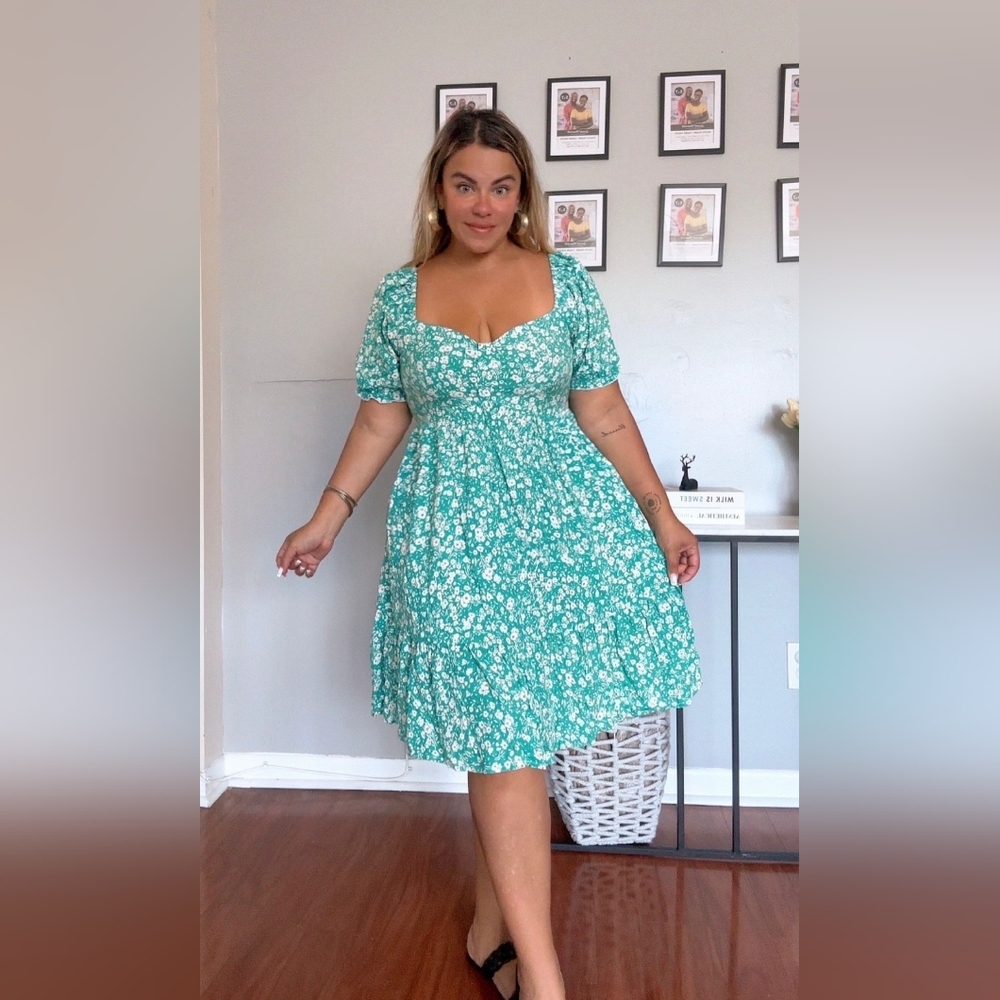 Teal Floral Sweetheart Midi Dress